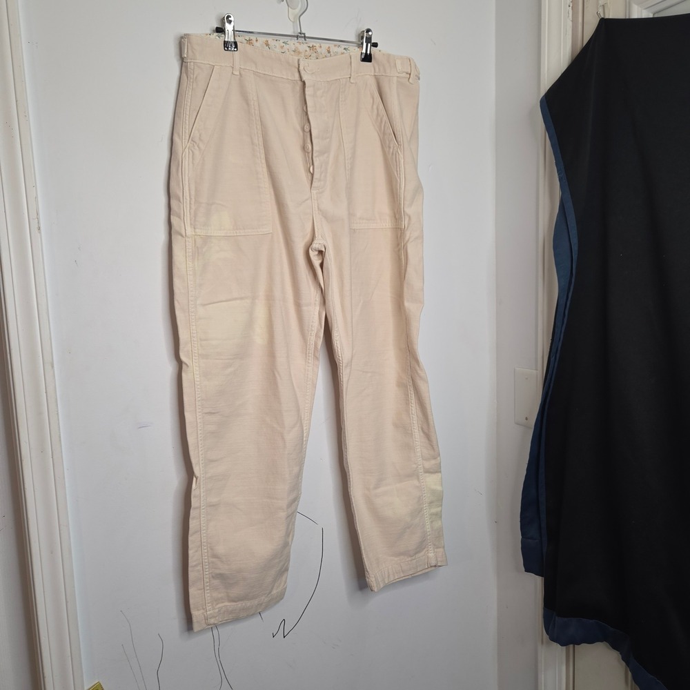 American Eagle Cream Utility Pants High‎ Rise Button Fly Floral Waistband 14 Reg